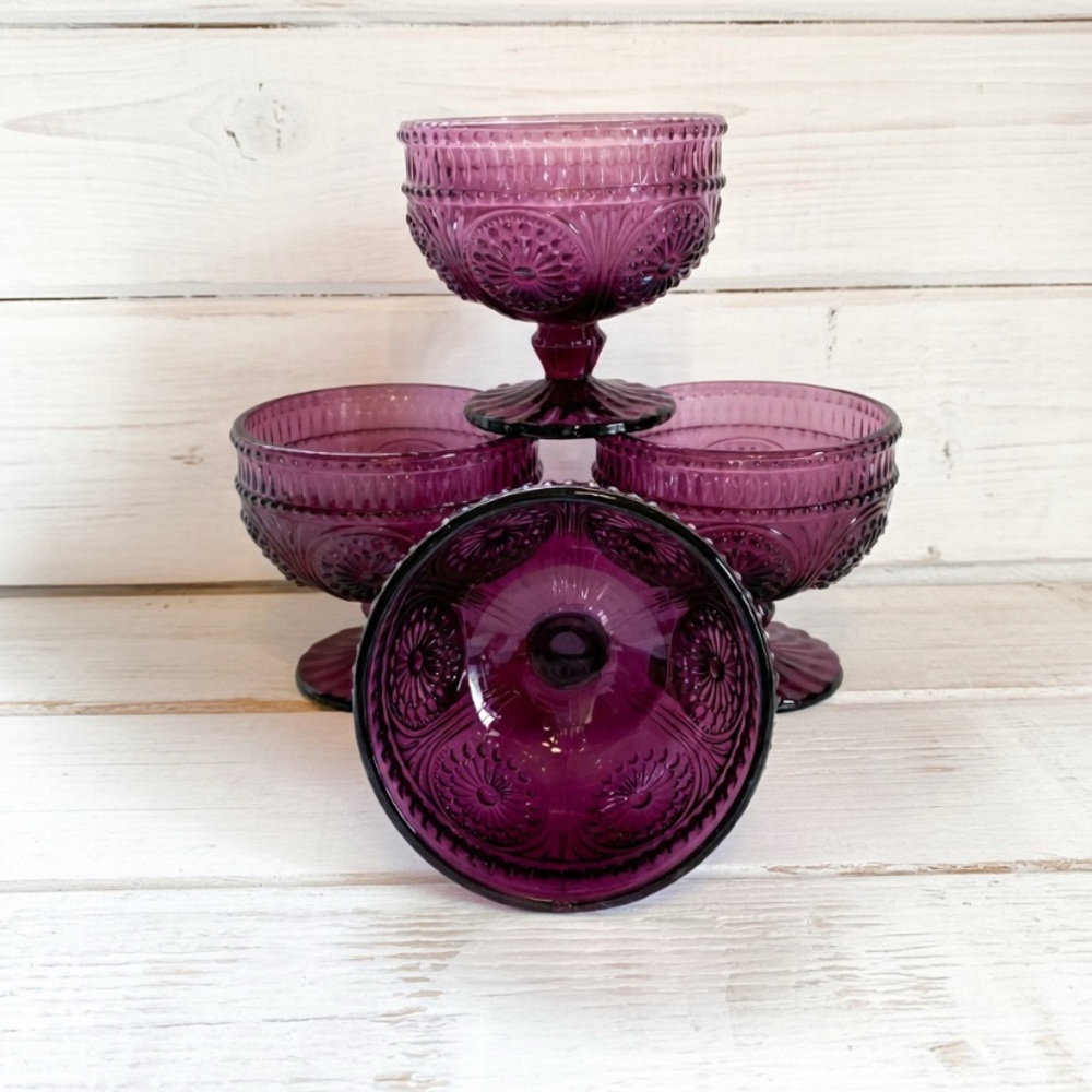 Vintage-Style Pioneer Woman Lavender/Plum Glass Pedestal Serving Bowl Set of 4